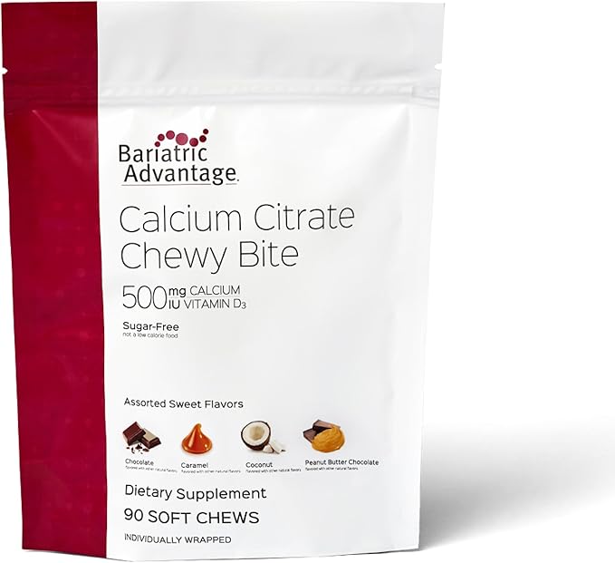 Bariatric Advantage Calcium Citrate Chewy Bites 500 mg - Highly Absorbable &amp Digestible - Vitamin D3 - Easily Chewable Calcium Supplement - Assorted Sweet Flavor - 90 Count