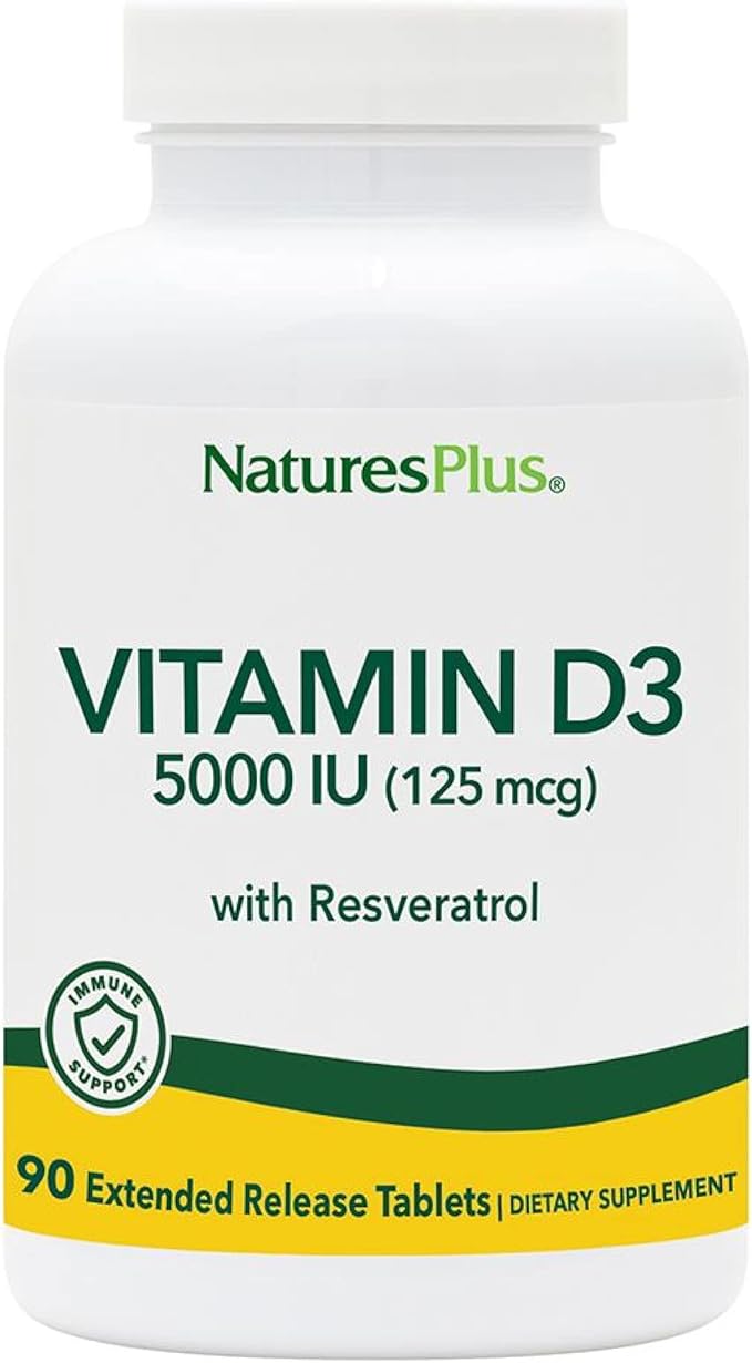 NaturesPlus Vitamin D3 Extended Release - 90 Vegan Tablets - 5000 IU + 25 mg Trans-Resveratrol - Heart &amp Bone Health Immune System Support Anti-Aging - Gluten Free - 90 Servings