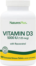 NaturesPlus Vitamin D3 Extended Release - 90 Vegan Tablets - 5000 IU + 25 mg Trans-Resveratrol - Heart &amp Bone Health Immune System Support Anti-Aging - Gluten Free - 90 Servings