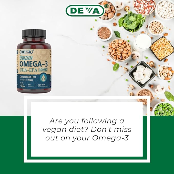 DEVA Vegan Omega-3 DHA EPA Supplement Once-Per-Day Softgel 300 MG - Carrageenan Gelatin &amp Gluten Free - Non-Fish Algae Oil Fatty Acids - 90 Softgels