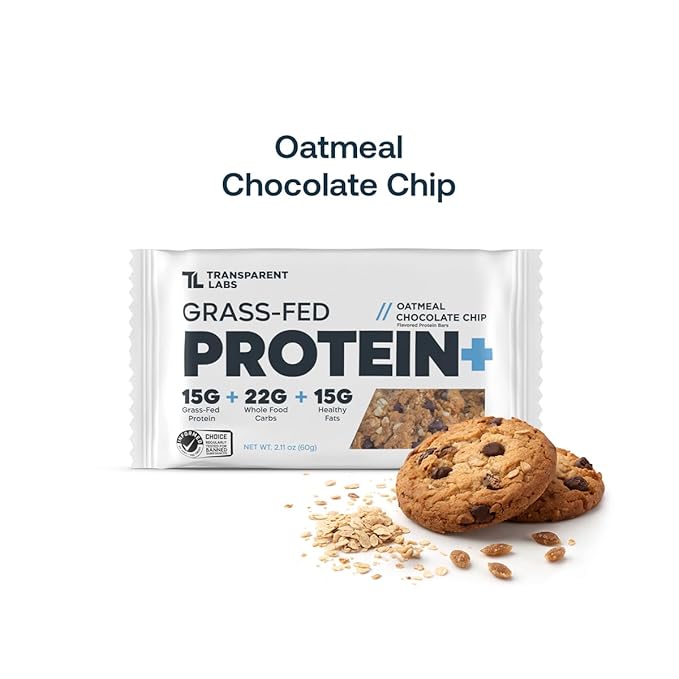 Transparent Labs Protein+ Bars - Whole-Food Protein Bars w/ 15g+ Grass-Fed Whey &amp Egg Whites Protein Natural Peanut &amp Almond Butter No Artificial Sweeteners - Oatmeal Chocolate Chip 12 Bars