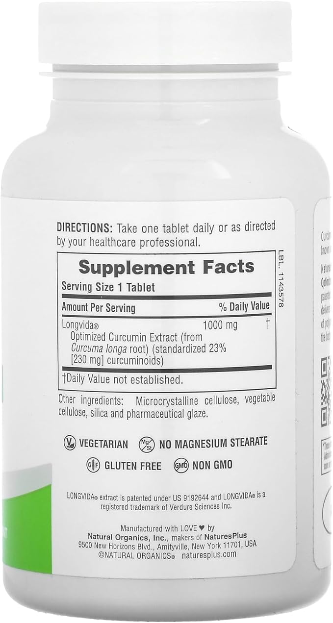 NaturesPlus PRO Longvida Curcumin 1000 mg - 60 Tablets - Promotes Healthy Free Radical Protection - Non-GMO Vegan &amp Gluten Free - 60 Servings