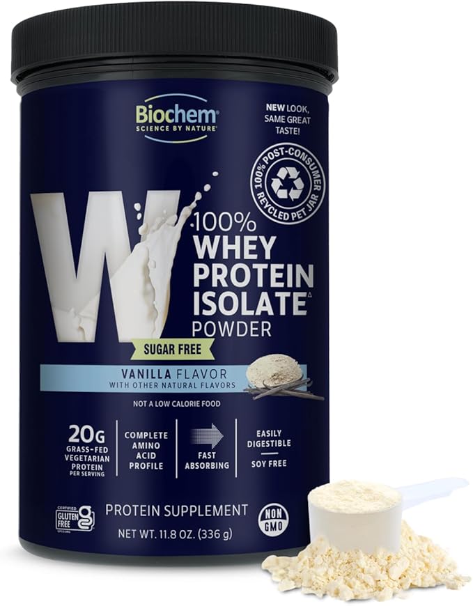 Biochem 100% Whey Sugar-Free Vanilla 20g 11.8oz Certified Vegetarian Gluten Free Non-GMO Tested Keto Friendly Grass-Fed