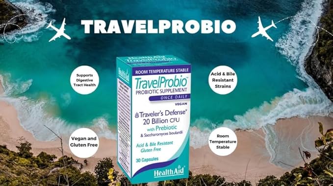 HealthAid TravelProbio 20 Billion CFU Probiotic – Saccharomyces boulardii + Prebiotic (FOS) Acid &amp Bile‑Resistant – Once‑Daily Vegan Gluten‑Free Room‑Temp Stable – Travel Digestive Support