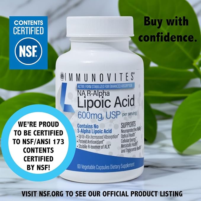IMMUNOVITES 3-Pack Stabilized R-Alpha Lipoic Acid ((True)) 600mg per Serving [[High Potency &amp up to 40x Increased Absorption]] (Na R-ALA) (Na R-LA) (Na R-Lipoate) (3 Bottles)