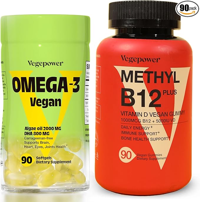 Vegan Omega-3 + Vitamin B12 Gummy | Algae Omega-3 DHA Supplements for Brain Heart Eyes Health | Methyl B12 1000 mcg &amp Vitamin D 5000 IU for Energy and Immune Support - 90 Count