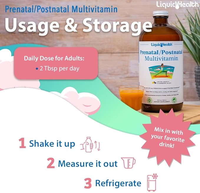 LIQUIDHEALTH Prenatal/Postnatal Multiple Liquid Women's Multivitamin with Real Folate - Pre &amp Postnatal Vitamins for Before During After Pregnancy - Made in USA Vegan Sugar-Free Non-GMO (32 o