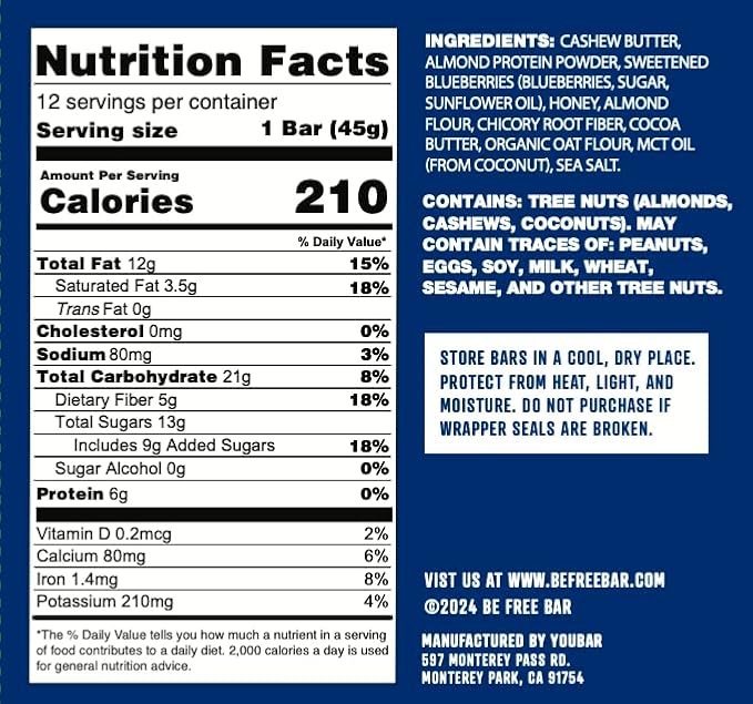 Be Free Bar Blueberry Burst (Box of 12). Award winning Protein Snack Bar made with Real Blueberries Gluten Free Dairy Free Soy Free and Plant Based. 6g Muscle Building Protein and 5g Prebiotic Chic