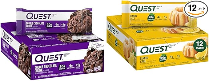 Quest Nutrition Double Chocolate Chunk Protein Bars High Protein Low Carb Gluten Free &amp Lemon Cake Protein Bars High Protein Low Carb Gluten Free 12 Count