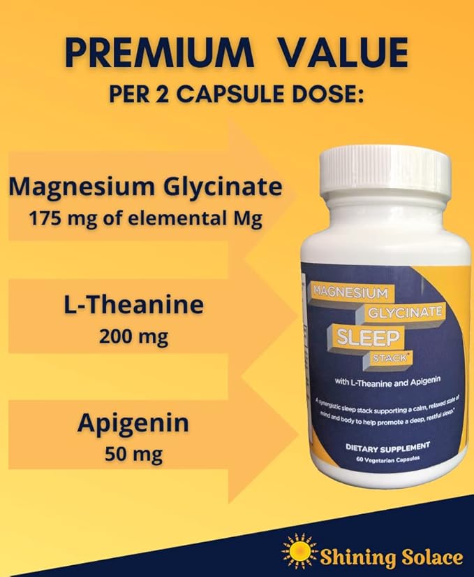 Magnesium Glycinate Sleep Stack with 200 mg L-Theanine 50 mg Apigenin 175 mg of Elemental Magnesium Glycinate | Sleep Support Magnesium Supplement | Made in USA