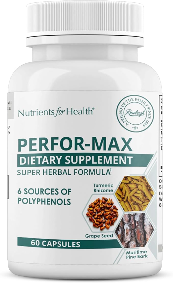 Rawleigh Perfor-Max 60 Capsules for 1 month: Supplement with 6 Polyphenol Sources Like Grape Seed Pine Bark Turmeric Green Tea Hawthorn &amp Rosemary Extracts for Heart Health &amp Immunity Glu