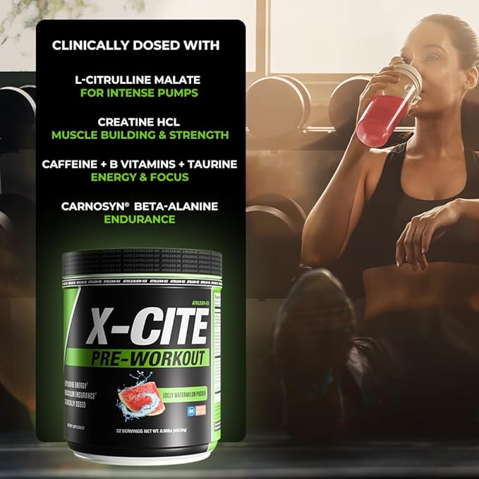 ATHLEAN-X X-CITE Pre-Workout Supplement - Boost Energy Endurance and Focus with Natural Ingredients - Jolly Watermelon Pucker