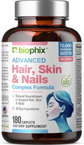 biophix Hair Skin and Nails Complex 180 Caplets with 10000 mcg Biotin - Multivitamin Supports Strong Nails Beautiful Hair Healthy Aging