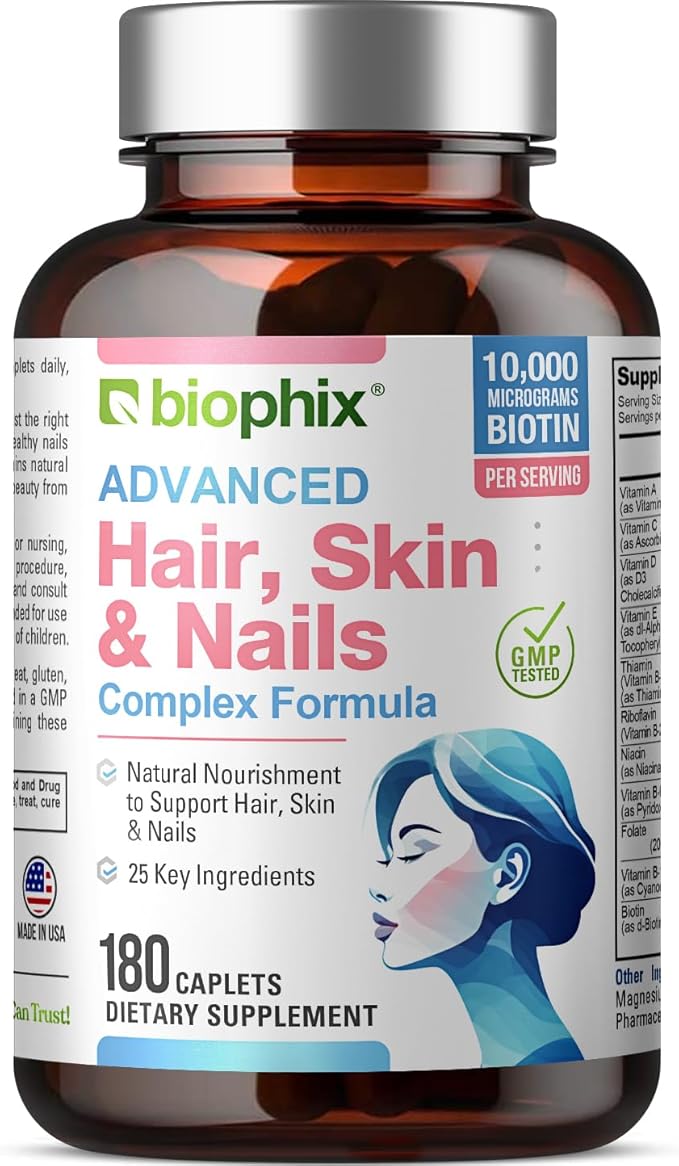 biophix Hair Skin and Nails Complex 180 Caplets with 10000 mcg Biotin - Multivitamin Supports Strong Nails Beautiful Hair Healthy Aging