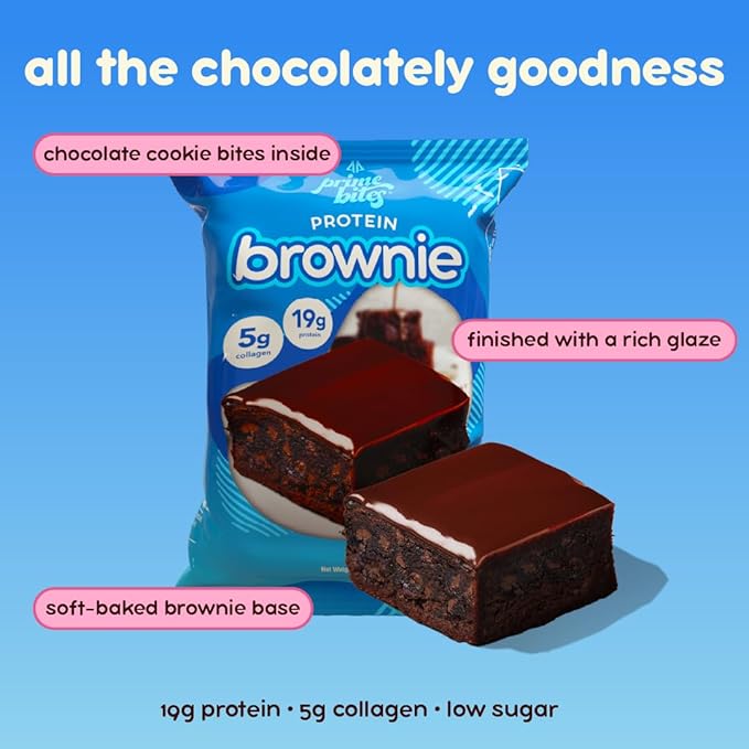 Prime Bites High Protein Brownie (12 Per Box Chocolate Cookie Monster) - 19g of Protein 5g of Collagen Gluten Free Low Sugar Treat Delicious Protein Snack