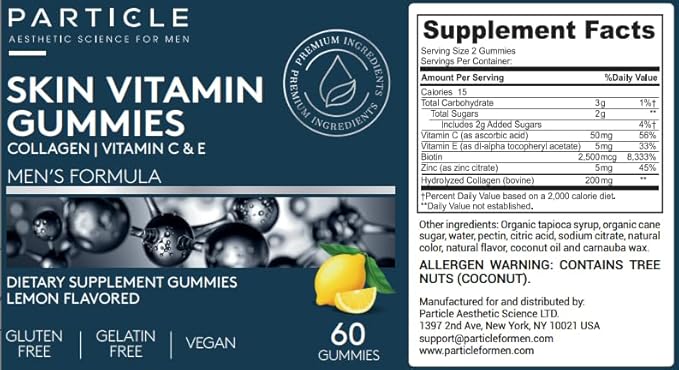 Particle Skin Vitamin Gummies Gluten Free Daily Supplement for Healthy Skin Support Men's Supplement Made with Vitamin C Collagen Biotin &amp Zinc Lemon Flavor 60 Gummies 1 Month Supply