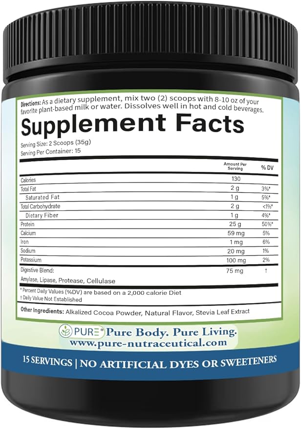 PURE® Vegan Protein Powder - 25g Plant Based Protein 15 Servings - Pea &amp Mung Bean Blend with Digestive Enzymes - Dairy-Free - Muscle Recovery &amp Appetite Control - Chocolate 525 Grams