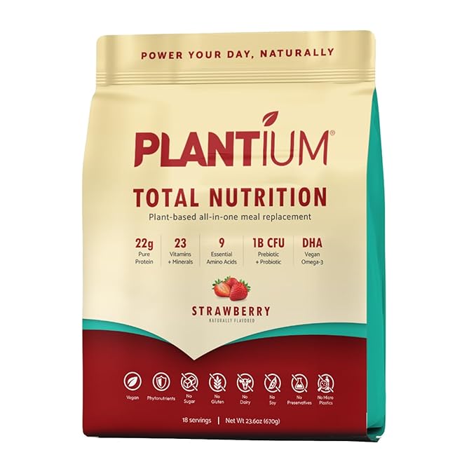 Plantium Total Nutrition Premium All-in-One Meal Replacement Shake Plant-Based Protein Powder with Vitamins Minerals &amp Probiotics 22g Protein per Serving Strawberry