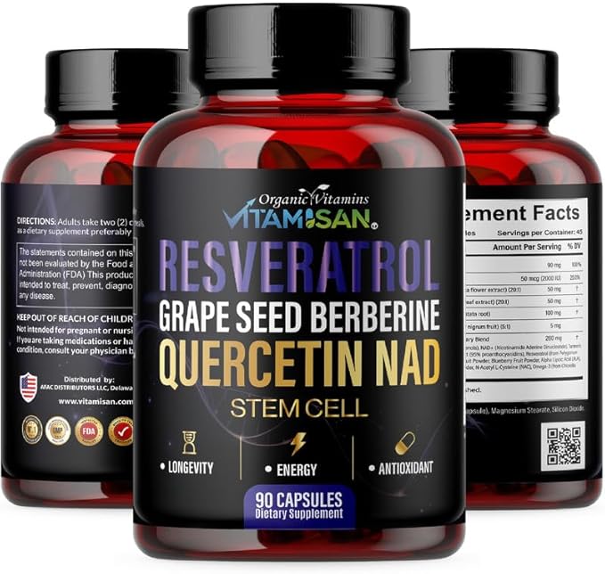 VITAMISAN Resveratrol NAD+ Quercetin Berberine &amp CoQ10 – Longevity &amp Antioxidant Support – 3 Bottles (270 Capsules) – Made in USA
