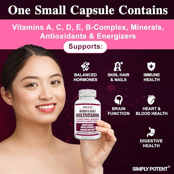 Simply Potent | Women's Multivitamin – 37 Vitamins &amp Minerals with Biotin Vitamins A C D E B12 Folate Zinc Magnesium Calcium &amp Green Tea Extract | Non-GMO Gluten-Free | 60 Capsules