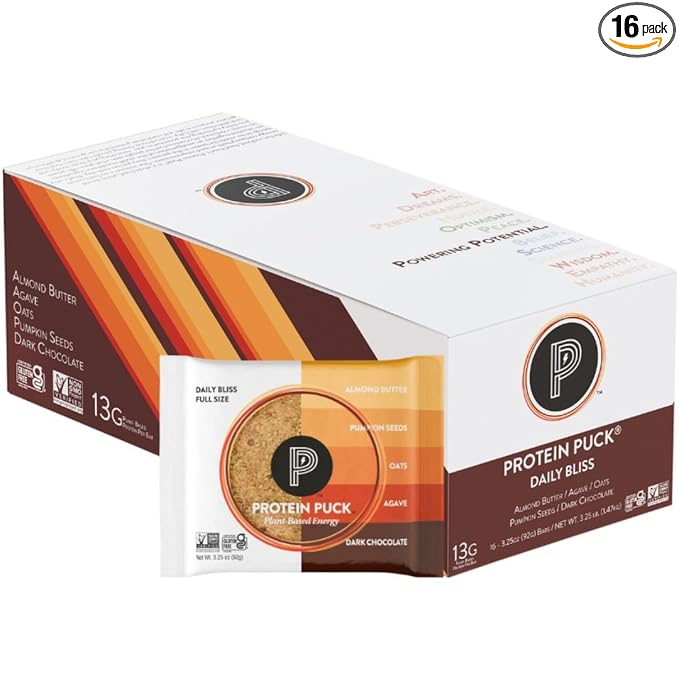 Protein Puck Plant Based Bars | Snacks with Vegan Protein | 16 Count | 3.25 oz Full Size | Gluten Free Non Dairy Kosher Certified Non GMO Premium Healthy Bars | Daily Bliss