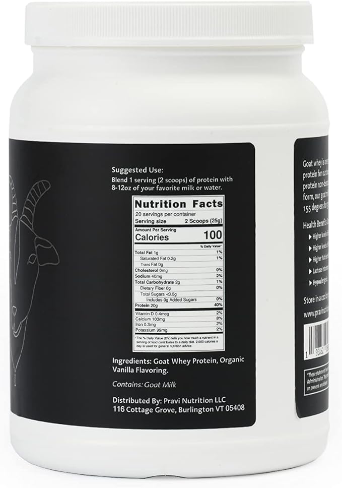 Grass-Fed Pure Goat Whey Protein Powder - Organic Whey Protein Supplement - Easy to Digest - Less Lactose - Soy Free - Vanilla Flavor - 20 Servings