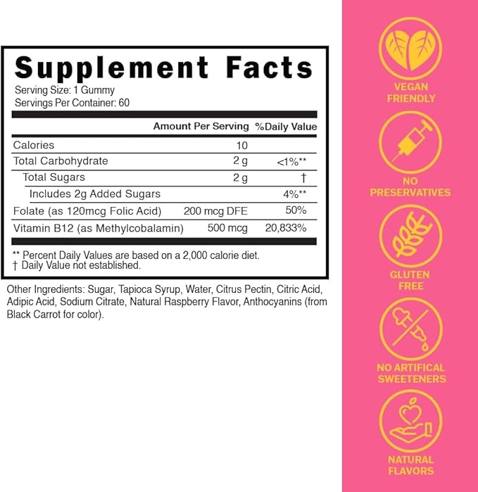 Kids &amp Teens Energy Support with Vitamin B12 + Folate (B9) - Supports Energy Production Brain Function &amp Metabolism - Gluten Free - Raspberry Flavor - Soft Chew 60 Gummies (60 Servings)