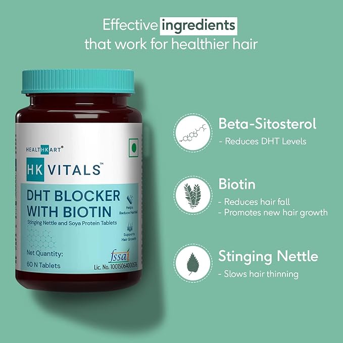 HK Vitals DHT Blocker with Biotin Stinging Nettle and SOYA Protein Helps Reduce Hair Fall Stimulates Hair Growth 60 Tablets
