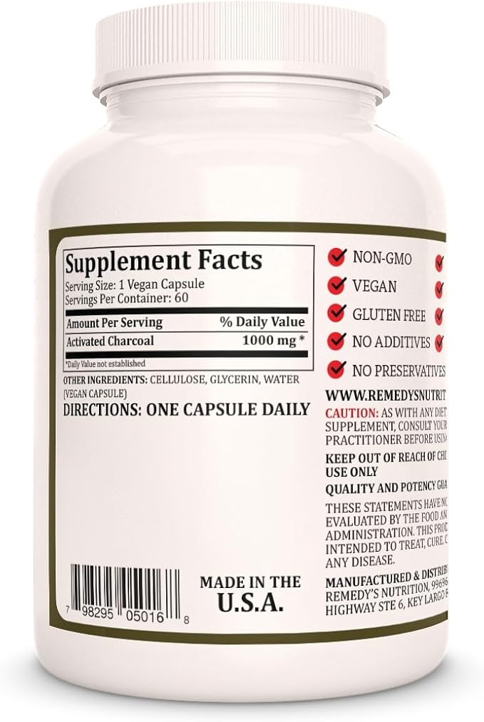Remedy's nutrition Activated Charcoal | 1000 mg 60 Vegan Capsules Dietary Supplement