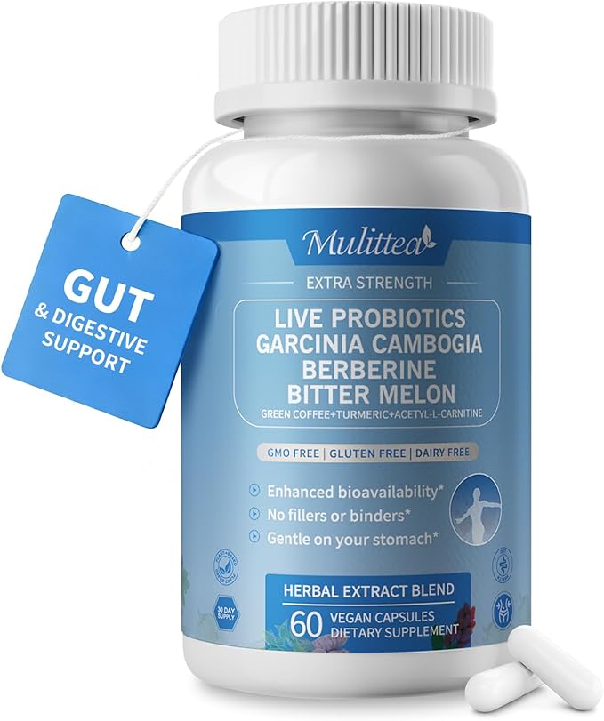 Gut Health Supplement w/BerberineGarcinia CambogiaBitter MelonGreen Coffee Probiotics Prebiotics -Supports Digestion Detox Energy &amp Immune Health for Women &amp Men 60 Vegan Capsules