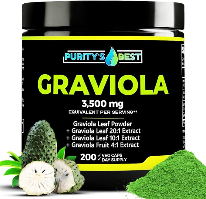 Purity's Best Graviola (Soursop) Supplement Concentrated 378 mg Formula Supports Immune Function &amp Antioxidant Protection 200 Veggie Capsules Made in USA.