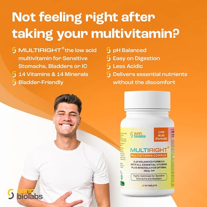 MULTIRIGHT | LOW ACID MULTIVITAMIN for Sensitive Stomachs Bladders | 14 Vitamins &amp 14 Minerals | Bladder-Friendly pH Balanced | Easy on Digestion-Less Acidic | Buffered Vitamin C | 180 Tab (2)
