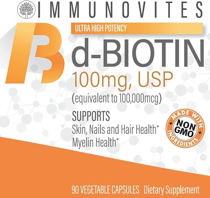 IMMUNOVITES 3-Pack High Dose Biotin (as d-Biotin USP) 100mg (Equivalent to 100000mcg) 90 Capsules High Potency (3)