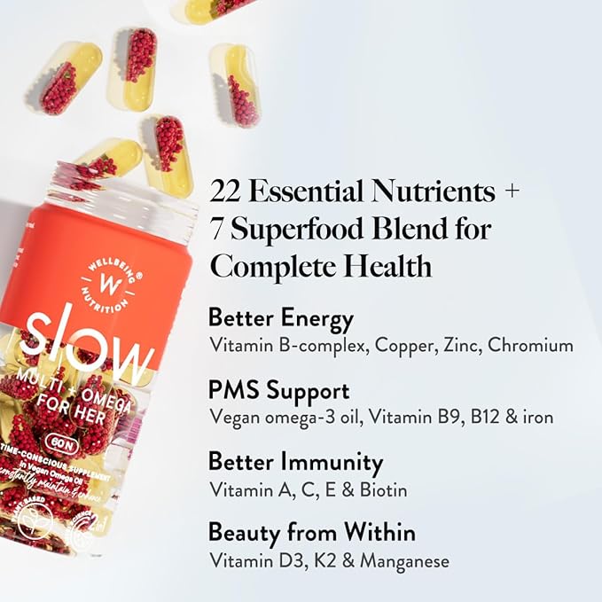 WELLBEING NUTRITION Slow | Multivitamin for Women | 100% RDA of 22 Essential Vitamins &amp Minerals | Astaxanthin &amp Cranberry in Vegan Omega Oil | Energy Immunity Skin &amp Hair (60 Capsules)