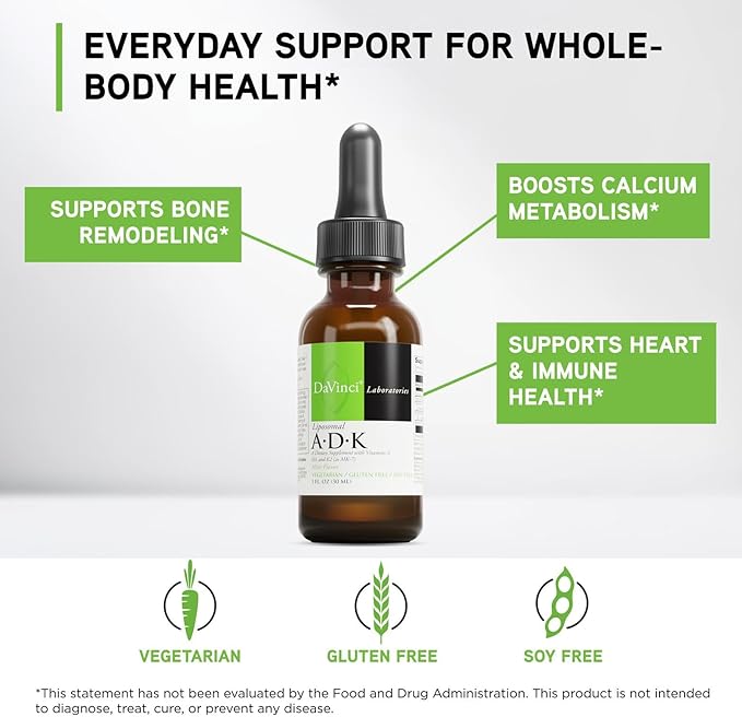 DAVINCI Labs Liposomal ADK - Liquid Dietary Supplement to Support Immune System Bone and Heart Health* - with Vitamin A Vitamin D3 and Vitamin K2 - Gluten-Free - Vegetarian - 30 ml
