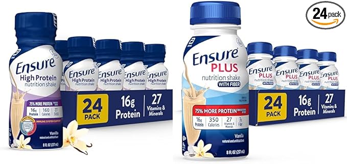 Ensure High Protein Vanilla Nutrition Shake With Fiber 24 Pack &amp Ensure Plus Vanilla Nutrition Shake With Fiber Meal Replacement Shake 24 Pack