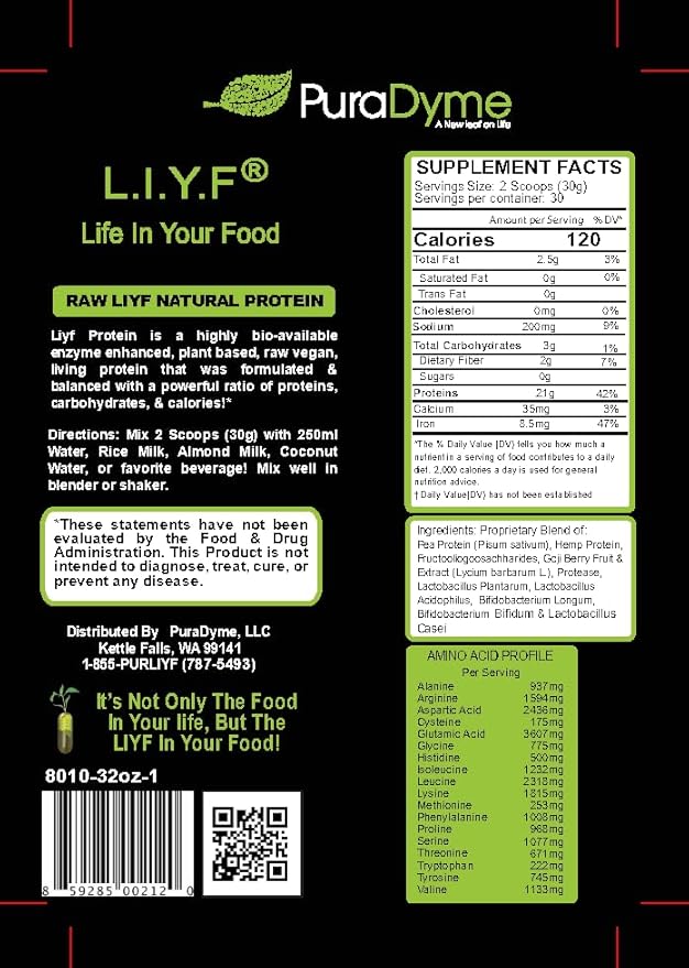 PuraDyme Raw Liyf Protein Natural 900g Powder