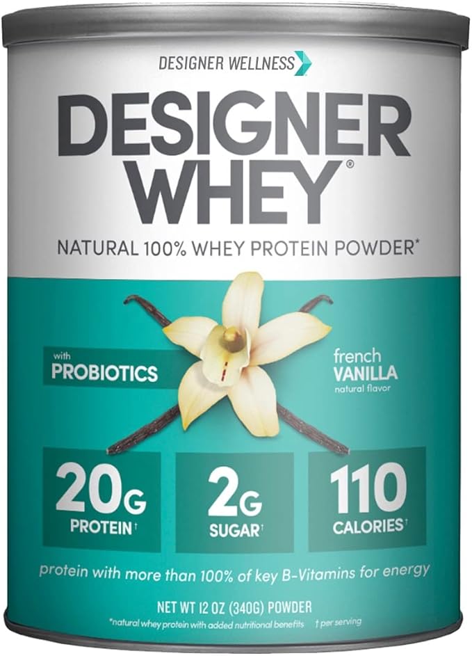 Designer Wellness Designer Whey Natural Whey Protein Powder with Probiotics Fiber and Key B-Vitamins for Energy Gluten-Free French Vanilla 12oz