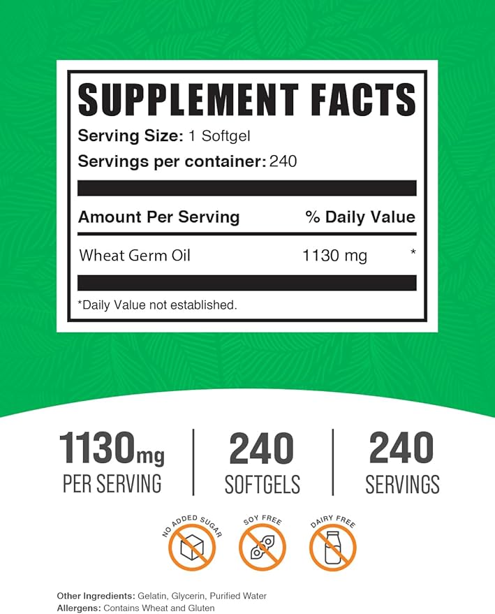 BulkSupplements.com Wheat Germ Oil Softgels - Wheat Germ Oil Supplement Wheat Germ Oil 1130mg - Nutritional Supplement &amp Soy Free 1 Softgel per Serving 240 Softgels (Pack of 1)
