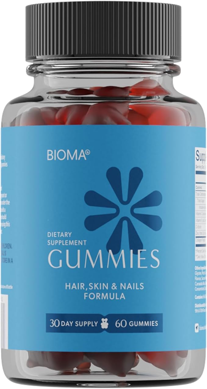 BIOMA Hair Skin &amp Nails Beauty Gummies - Supports Growth &amp Strength with Biotin Collagen Zinc &amp Vitamins C &amp D - Gluten-Free - 60 Gummies (30-Day Supply)