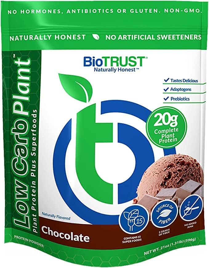 BioTrust Low Carb Plant Delicious Creamy 20 Grams of Clean Complete Plant-Based Protein 5 Grams Fiber 15 Superfoods Digestive Enzymes Vegan Dairy-Free - 14 Servings (Chocolate)