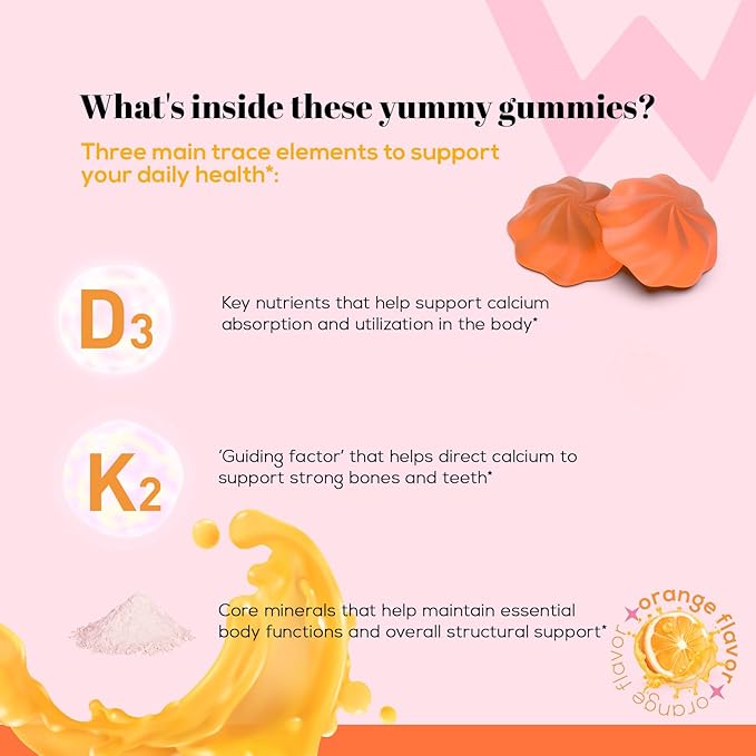 Wondermoon Vitamin D3 K2 Gummies for Women with Calcium &amp Magnesium – Supports Bone Teeth &amp Muscle Function – Daily Wellness Support – Orange Flavor 60 Count