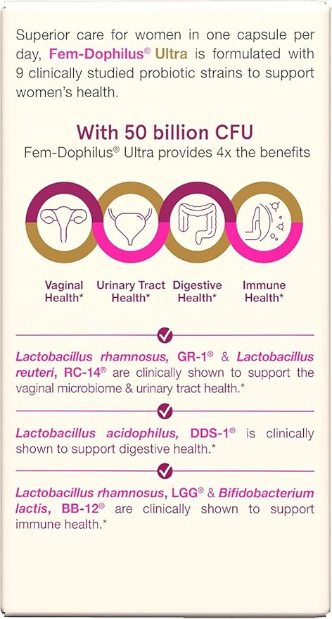 Jarrow Formulas Fem-Dophilus Vaginal &amp Digestive Probiotic 50 Billion CFU 9 Clinically-Studied Strains for Vaginal Flora &amp Yeast Balance Urinary Tract Digestive 30 Capsules (Pack of 2)