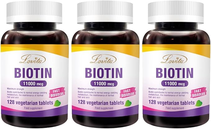 LOVITA Maximum Strength 11000mcg Biotin: Fast-Dissolving Vegetarian Tablets - Easily Absorbed Gluten &amp Dairy-Free 128 Vegan-Friendly Tablets (Pack of 3)