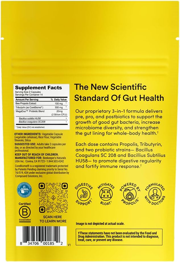 Beekeeper's Naturals Complete Gut Health 3-in-1 Prebiotic Postbiotic Probiotics for Digestive Health &amp Bloating Relief for Women &amp Men Propolis Powered Gluten-Free Vegan Capsules 28ct