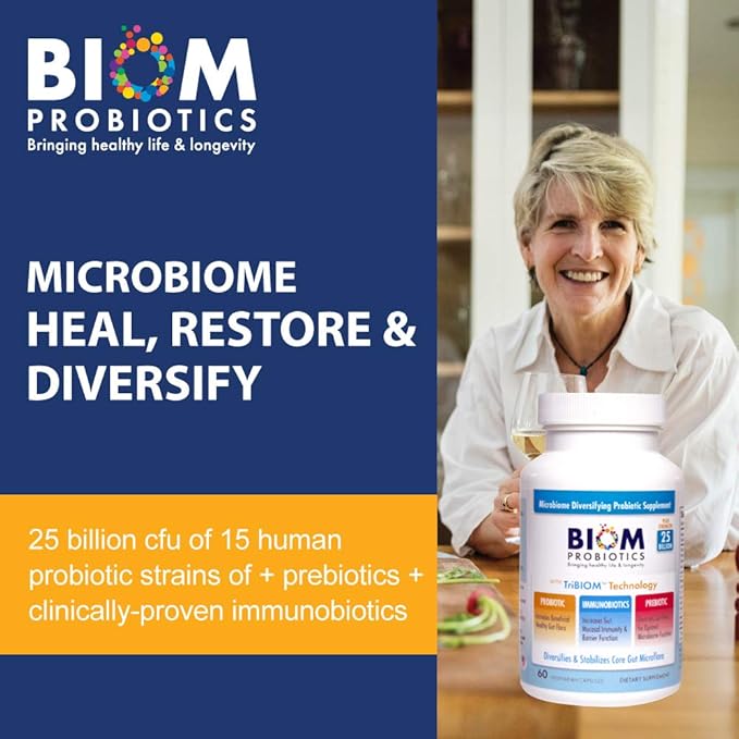 Biom Probiotics 3-in-1 Formula (Cold Shipped) with- 25 Billion Flora Probiotics Prebiotics and Immunobiotics for Better Immune Support - Diversifies Gut Microflora and Microbiome - for Men &amp Wome