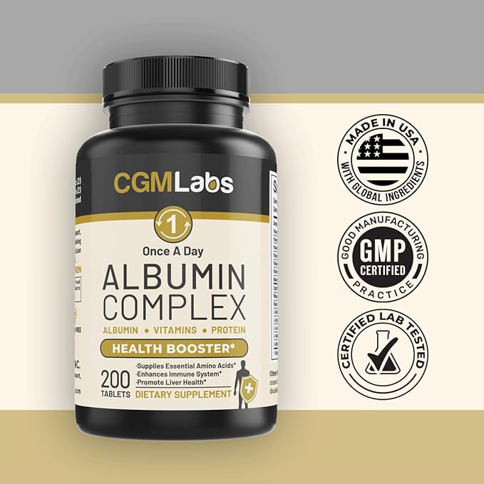 Premium Albumin Complex - Egg White &amp Whey Protein Blend with Royal Jelly &amp Essential Amino Acids - Daily Muscle Recovery &amp Nutrition Supplement - 200 Tablets