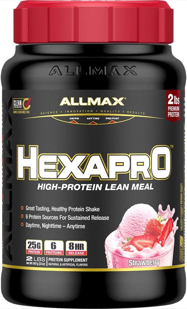 ALLMAX HEXAPRO Strawberry - 2 lb - 25 Grams of Protein Per Serving - 8-Hour Sustained Release - Zero Sugar - 21 Servings