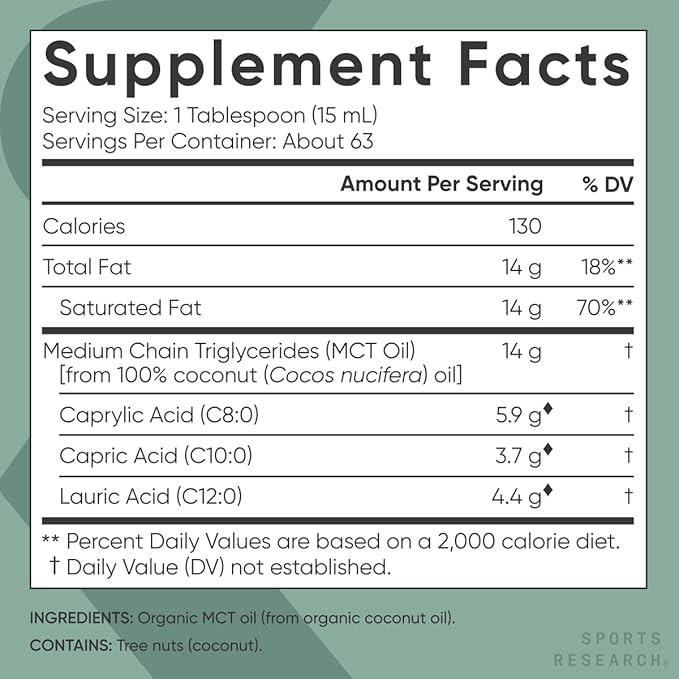 Sports Research Collagen Peptides Hydrolyzed Type 1 &amp 3 Collagen Powder Protein Supplement Keto MCT Oil from Organic Coconuts - Triple Ingredient C8 C10 C12 MCTs and Vitamin D3 K2 with Coconut