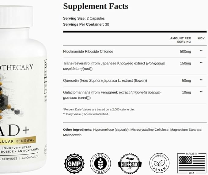 NAD+ Longevity Formula - 500mg Nicotinamide Riboside with Trans-Resveratrol &amp Quercetin - Supports Cellular Energy Healthy Aging &amp Metabolism - 60 Capsules - Made in USA